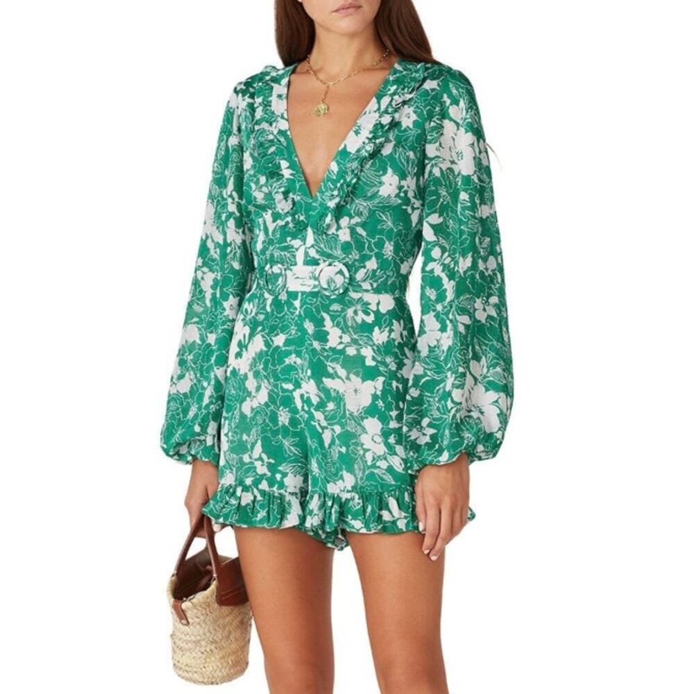 Alexis Cerca Emerald Green Floral Ruffle Laser Cut Romper XS